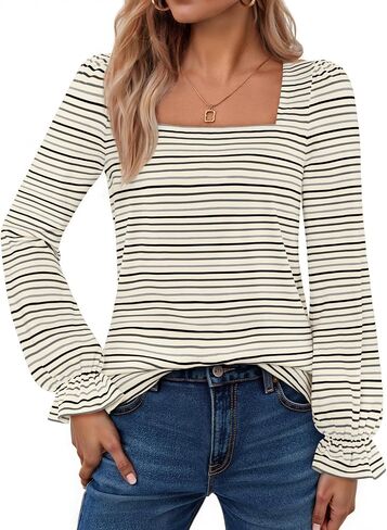 MEROKEETY Women's Fall Square Neck Striped Shirt Puff Long Sleeve Casual Loose Tops 2025 Trendy Blouse in Saudi Arabia