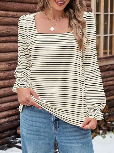 MEROKEETY Women's Fall Square Neck Striped Shirt Puff Long Sleeve Casual Loose Tops 2025 Trendy Blouse in Saudi Arabia