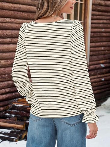 MEROKEETY Women's Fall Square Neck Striped Shirt Puff Long Sleeve Casual Loose Tops 2025 Trendy Blouse in Saudi Arabia