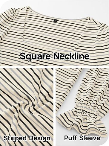 MEROKEETY Women's Fall Square Neck Striped Shirt Puff Long Sleeve Casual Loose Tops 2025 Trendy Blouse in Saudi Arabia