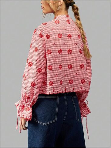 WDIRARA Women's Gingham Floral Long Sleeve Blouse Bow Tie Front Cut Out Loose Tops in Saudi Arabia
