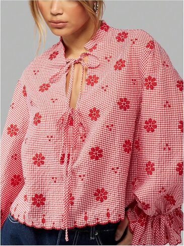 WDIRARA Women's Gingham Floral Long Sleeve Blouse Bow Tie Front Cut Out Loose Tops in Saudi Arabia