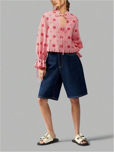 WDIRARA Women's Gingham Floral Long Sleeve Blouse Bow Tie Front Cut Out Loose Tops in Saudi Arabia