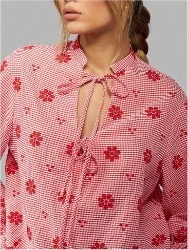 WDIRARA Women's Gingham Floral Long Sleeve Blouse Bow Tie Front Cut Out Loose Tops in Saudi Arabia
