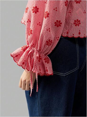 WDIRARA Women's Gingham Floral Long Sleeve Blouse Bow Tie Front Cut Out Loose Tops in Saudi Arabia