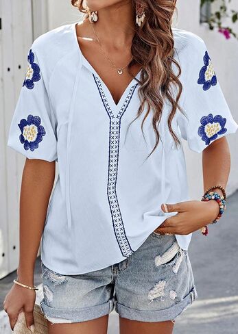 HVEPUO Summer Puff Short Sleeve Shirts for Women V Neck Boho Vacation Floral Embroidered Blouses Casual Cute Going Out Tops in Kuwait