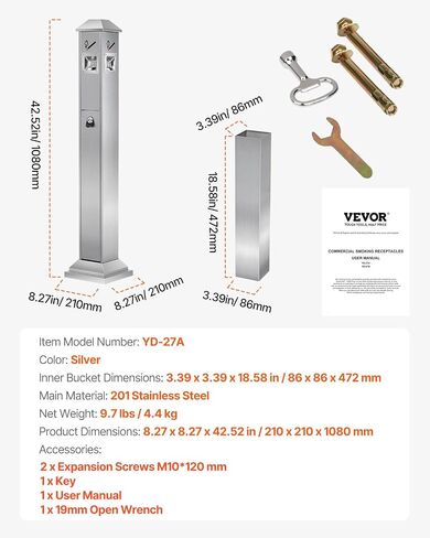 VEVOR Cigarette Butt Receptacle, Commercial Cylinder Cigarette Butt Container, Freestanding and Weatherproof Outdoor Cigarette Butt Disposal for Garden, Office, Restaurant, Hotel, Bar, Patio, Black in Saudi Arabia