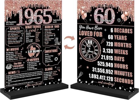 Zirtorei 60th Birthday Decorations Back in 1965 Table Sign for Women, Rose Gold Two-Sides 60 & Fabulous Wooden Poster with Stand Party Supplies, Sixty Years Old Bday Display Holder Table Decor in Kuwait