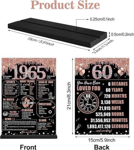 Zirtorei 60th Birthday Decorations Back in 1965 Table Sign for Women, Rose Gold Two-Sides 60 & Fabulous Wooden Poster with Stand Party Supplies, Sixty Years Old Bday Display Holder Table Decor in Kuwait