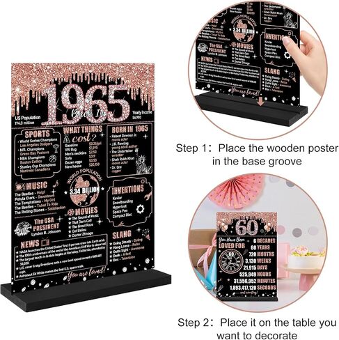 Zirtorei 60th Birthday Decorations Back in 1965 Table Sign for Women, Rose Gold Two-Sides 60 & Fabulous Wooden Poster with Stand Party Supplies, Sixty Years Old Bday Display Holder Table Decor in Kuwait