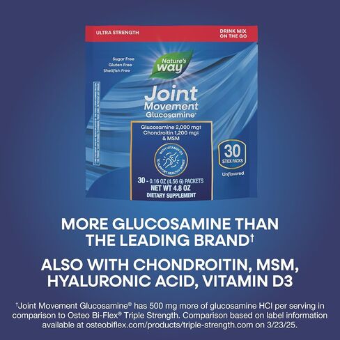 Nature’s Way Joint Movement Glucosamine Drink Mix, Ultra Strength Glucosamine, MSM, Hyaluronic Acid, Vitamin D3, Supports Bones, Muscles, Cartilage*, No Sugar, No Shellfish, 30 Unflavored Packets in Saudi Arabia