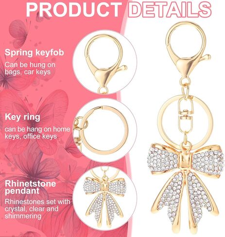 White Rhinestone Bow Keychain Gold Bow Keychain Bowknot Keychain Sparkly Gold Plated Bow Bag Charms Cute Keychain Aesthetic Key Chain Car Keychain Accessories for Key Purse Backpack Handbag in Saudi Arabia