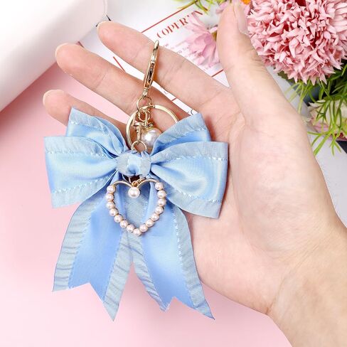 Bow keychain للمحفظة السحر bear bow bow keychain for حقائب اليد لؤلؤة المعصم الأساسي سحر سحر حقيبة يد زرقاء زرقاء لسلاسل المحافظ مفاتيح السيارة إكسسوارات in Saudi Arabia