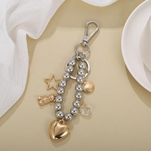 Aesthetic Y2K Keychain for Women, Heart Bear Star Flower Beaded Chain Keyring for Keys Bags Accessory in Kuwait