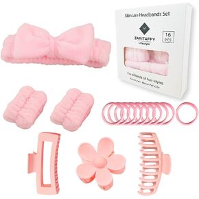 16pcs Skincare Headband Set, Headband Set for Face Washing Spa and Makeup, Including 1 Hairband, Wristband, 3 Hair Claw Clips and 10 Hair Ties, with Box, Gift for Women and Girls, Pink in Saudi Arabia