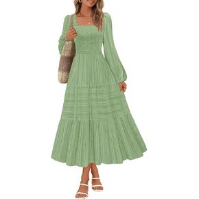 MEROKEETY Women's 2025 Long Sleeve Fall Dress Square Neck Smocked Flowy Tiered Casual Maxi Dresses with Pockets in Saudi Arabia