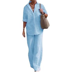 MAYRAIN Women 2 Piece Outfit Long Sleeve Oversized Comfort Pleated Tracksuits Laple Button Down Wide Leg Pants Lounge Sets in Saudi Arabia