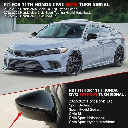 1 زوج من المرآة الجانبية تغطي غطاء الإسكان المتوافق مع 2022-2025 11th Gen Honda Civic Touring سيدان ، هاتشباك الرياضية ، النوع R مع نموذج إشارة الدوران (أسود ، عادي) in Kuwait