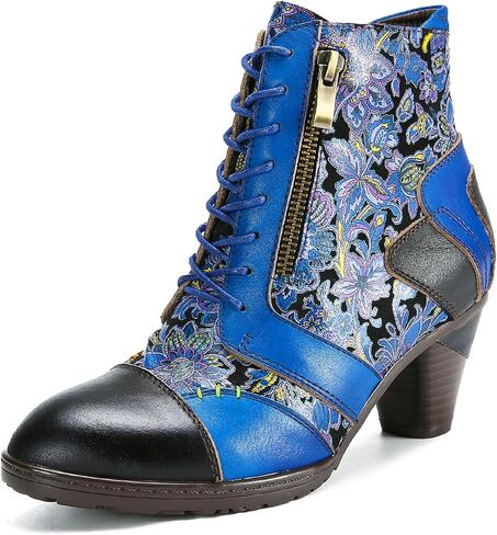 Superladystar's Retro Handmade Leather Ankle Boots, Mid heels, Comfortable, Boots, Colorful Painting, Metallic Style - Fashion in Saudi Arabia