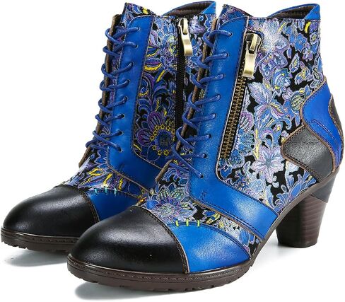 Superladystar's Retro Handmade Leather Ankle Boots, Mid heels, Comfortable, Boots, Colorful Painting, Metallic Style - Fashion in Saudi Arabia