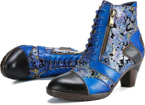 Superladystar's Retro Handmade Leather Ankle Boots, Mid heels, Comfortable, Boots, Colorful Painting, Metallic Style - Fashion in Saudi Arabia