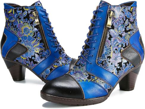 Superladystar's Retro Handmade Leather Ankle Boots, Mid heels, Comfortable, Boots, Colorful Painting, Metallic Style - Fashion in Saudi Arabia