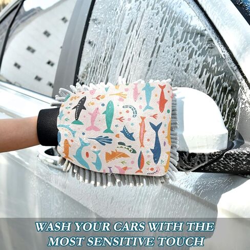 Absorbent Microfiber Car Wash Drying Mitts, 2 Pack, Scratch-Free & Lint-Free, Rich Foam, Highly Absorbent, Double Sided, Wash Mitt Perfect for Car Washing, M, Cute Illustration Shark in Saudi Arabia