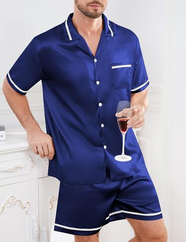 SWOMOG Men Satin Silk Pajamas Sets with Pockets Button-Down PJs Sets Short Sleeve Classic Sleepwear 2 Piece Loungewear in Saudi Arabia