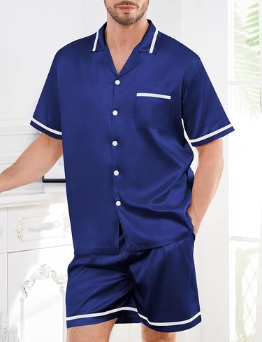 SWOMOG Men Satin Silk Pajamas Sets with Pockets Button-Down PJs Sets Short Sleeve Classic Sleepwear 2 Piece Loungewear in Saudi Arabia
