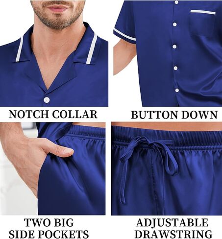 SWOMOG Men Satin Silk Pajamas Sets with Pockets Button-Down PJs Sets Short Sleeve Classic Sleepwear 2 Piece Loungewear in Saudi Arabia
