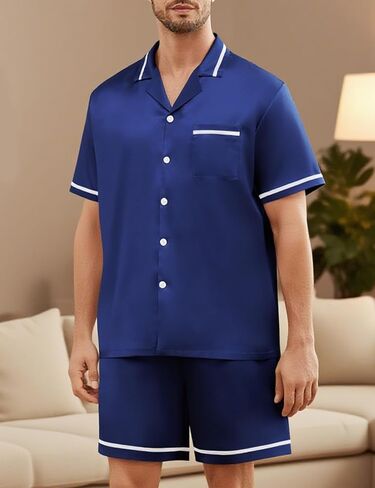 SWOMOG Men Satin Silk Pajamas Sets with Pockets Button-Down PJs Sets Short Sleeve Classic Sleepwear 2 Piece Loungewear in Saudi Arabia