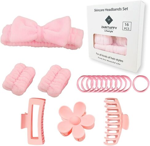 16pcs Skincare Headband Set, Headband Set for Face Washing Spa and Makeup, Including 1 Hairband, Wristband, 3 Hair Claw Clips and 10 Hair Ties, with Box, Gift for Women and Girls, Pink in Saudi Arabia