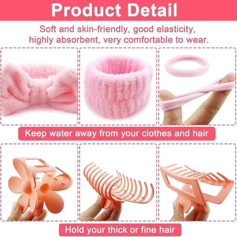 16pcs Skincare Headband Set, Headband Set for Face Washing Spa and Makeup, Including 1 Hairband, Wristband, 3 Hair Claw Clips and 10 Hair Ties, with Box, Gift for Women and Girls, Pink in Saudi Arabia