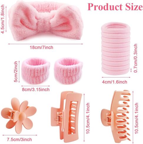 16pcs Skincare Headband Set, Headband Set for Face Washing Spa and Makeup, Including 1 Hairband, Wristband, 3 Hair Claw Clips and 10 Hair Ties, with Box, Gift for Women and Girls, Pink in Saudi Arabia