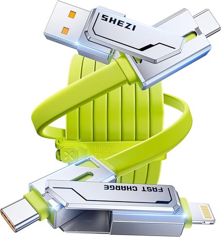 SHEZI [2025 Newly Upgrade] 4-in-1 Charging Cable 240W 5FT USB C Cable Fast Charging Flat Soft Thick Silicone for iPhone 16/15 Charger Cord, Multi Charge Combo with L/USB C/USB A Port, Green in Kuwait