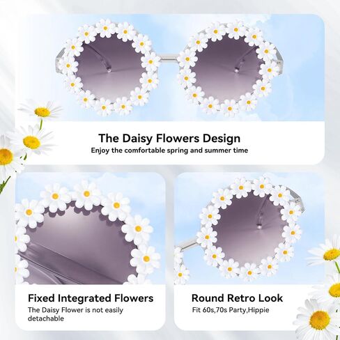 Dollger Daisy Sunglasses for Women Flower Round Fashion Rave Party Disco Fun Festival Retro Sunglasses,White Purple in Saudi Arabia