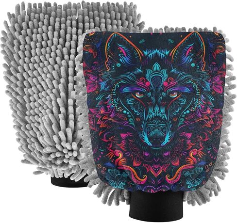 Absorbent Microfiber Car Wash Drying Mitts, 2 Pack, Scratch-Free & Lint-Free, Rich Foam, Highly Absorbent, Double Sided, Wash Mitt Perfect for Car Washing, L, Wolf (1) in Saudi Arabia