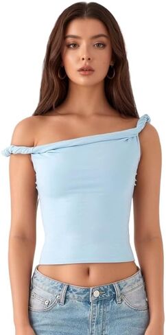 قبالة قمم الكتف للنساء Twist Strap Sancless Tank Tops Ruched Stretch Top Top Out Tees in Kuwait