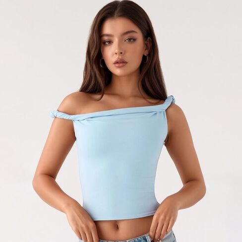 قبالة قمم الكتف للنساء Twist Strap Sancless Tank Tops Ruched Stretch Top Top Out Tees in Kuwait