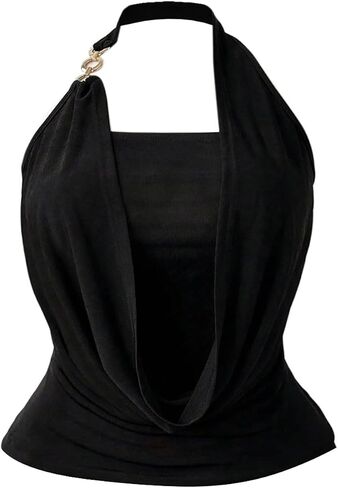 OYOANGLE Women's Plus Size Ring Linked Halter Top Draped Front Ruched Sleeveless Going Out Tops in Kuwait