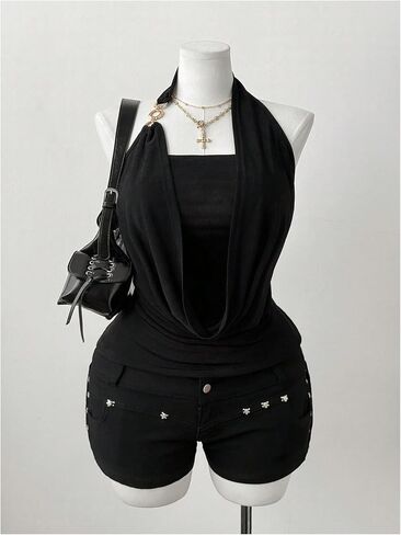 OYOANGLE Women's Plus Size Ring Linked Halter Top Draped Front Ruched Sleeveless Going Out Tops in Kuwait