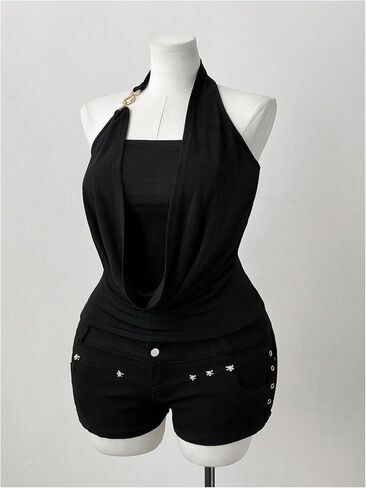OYOANGLE Women's Plus Size Ring Linked Halter Top Draped Front Ruched Sleeveless Going Out Tops in Kuwait