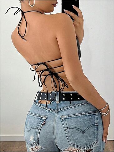 Makemechic Women's Pu Leather Top Top Top Halter Grommet Eyelet Y2K Out Out Out Tops in Saudi Arabia