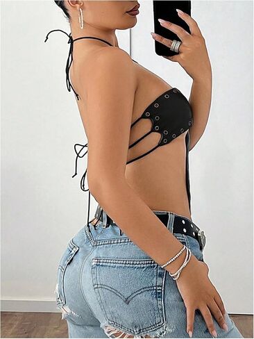 Makemechic Women's Pu Leather Top Top Top Halter Grommet Eyelet Y2K Out Out Out Tops in Saudi Arabia