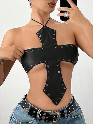 Makemechic Women's Pu Leather Top Top Top Halter Grommet Eyelet Y2K Out Out Out Tops in Saudi Arabia