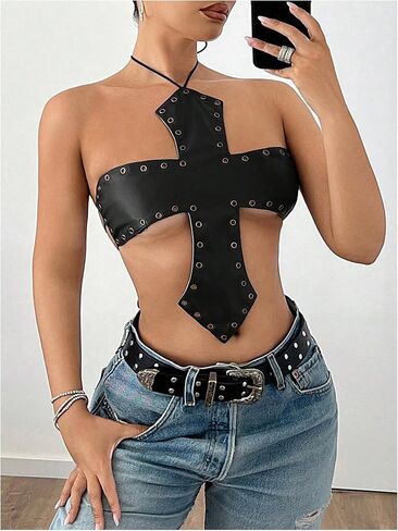 Makemechic Women's Pu Leather Top Top Top Halter Grommet Eyelet Y2K Out Out Out Tops in Saudi Arabia