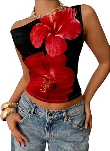 Milumia Women Floral One Off Shoulder Ruched Crop Tops Sleeveless Asymmetrical Neck Tank Top in Kuwait