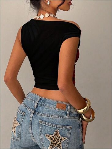 Milumia Women Floral One Off Shoulder Ruched Crop Tops Sleeveless Asymmetrical Neck Tank Top in Kuwait