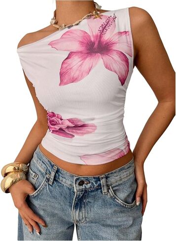 Milumia Women Floral One Off Shoulder Ruched Crop Tops Sleeveless Asymmetrical Neck Tank Top in Kuwait