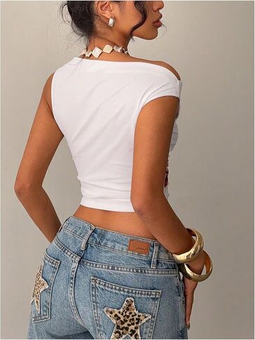 Milumia Women Floral One Off Shoulder Ruched Crop Tops Sleeveless Asymmetrical Neck Tank Top in Kuwait